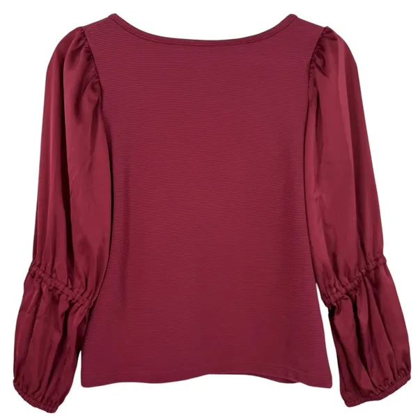 Anthropologie Maeve Ribbed Tiered Sleeve Mixed Media Top‎ Burgundy Size Small - Image 5