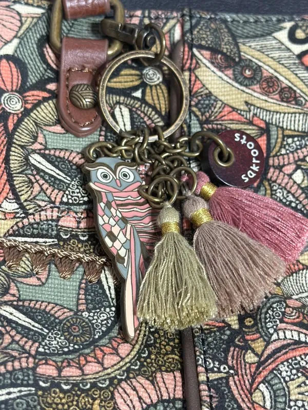 Sakroots Metro Tote Bag Sienna Desert Spirit Owl Charm Brown Faux Leather Flower - Image 4
