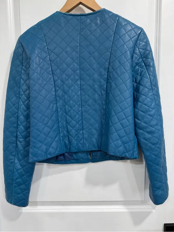 VTG Newport News Quilted Leather Jacket Size 6 Blue Collarless Zip Front - Image 4