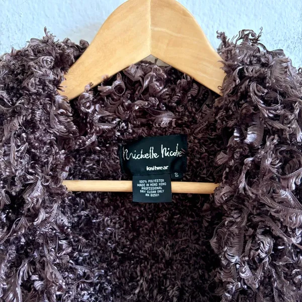 American Vintage MICHELLE NICOLE Vtg Y2K Brown Shaggy Fuzzy Knit Cardigan Sweater Womens Small - Image 3