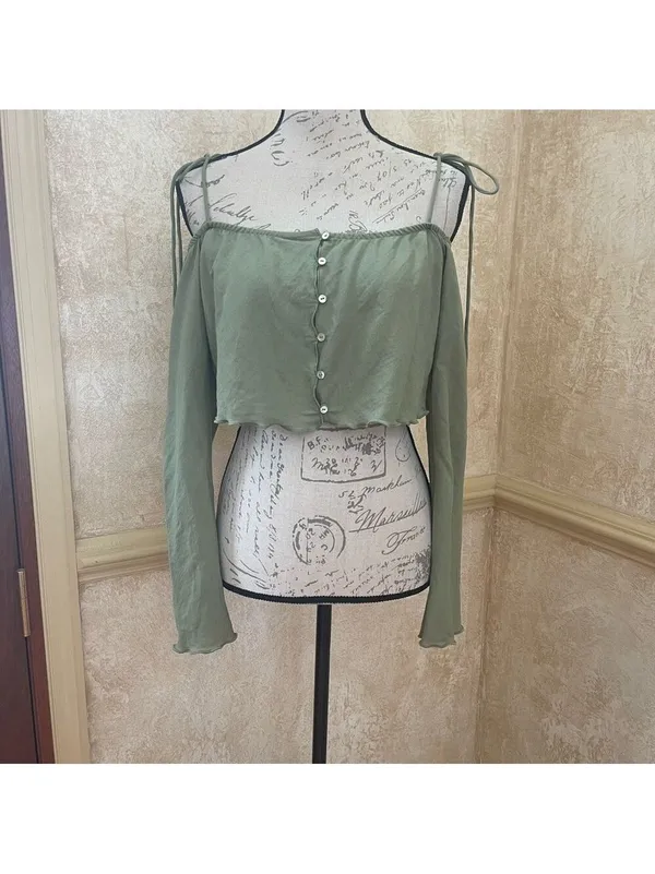 Zara Flowy Tank Top Tie Shoulders Spaghetti Straps Long Sleeve Green Sz M - Image 6