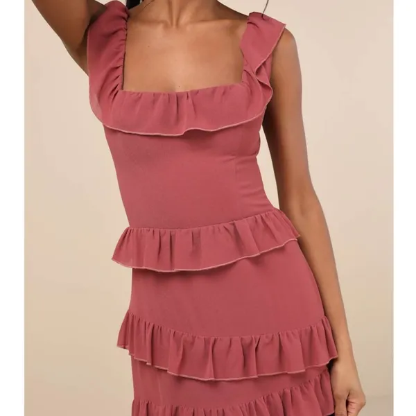 NEW Compelling Romantic Rusty Rose Ruffled Tiered Garden Party Maxi Dress Large - Image 4