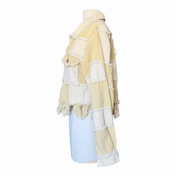 POL Patchwork Fringe Jacket Mixed Media Cropped Boho Raw Edge Button Front Small - Image 8