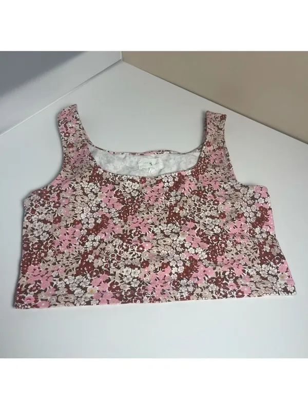 Lou & Grey Athletic Floral Crop Top Tank Large Pink Brown Cottagecore Stretchy - Image 3