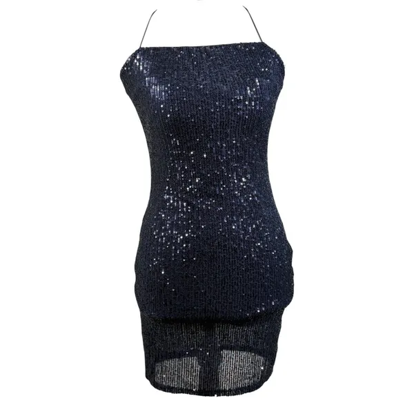 Misty Rose Sequin Mini Dress Womens Navy Blue Open Back Lace Up Sparkly Glam - Image 5