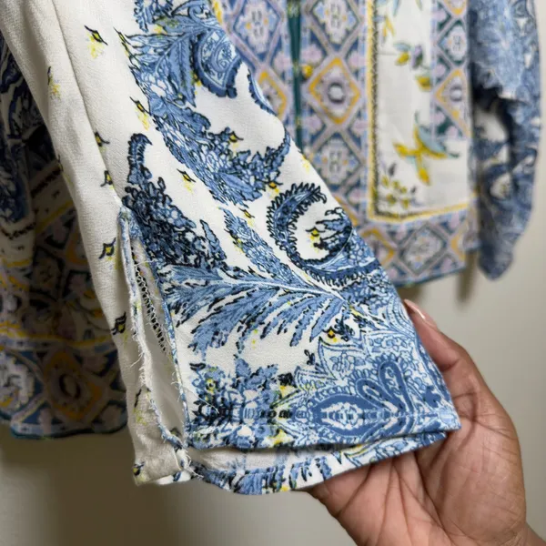 Free People Women Lola Floral Top Large Blue Patchwork Paisley‎ Button Front - Image 5