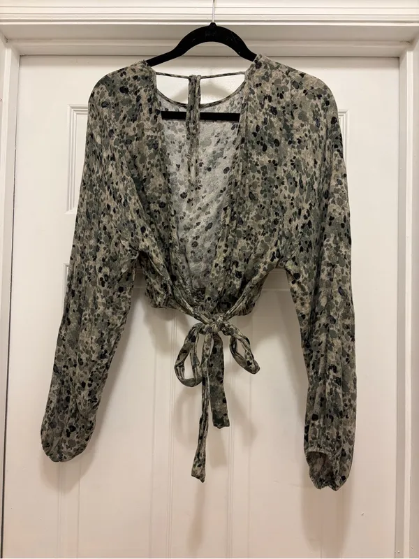 Women's Long-Sleeve Tie-Front Blouse in Olive Floral Print - Image 2