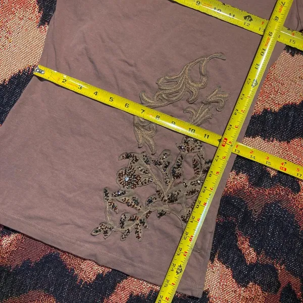 Buffalo David Bitton Vtg 90s Y2K baby doll graphic tee shirt tunic grunge beaded embroidered gold M - Image 4
