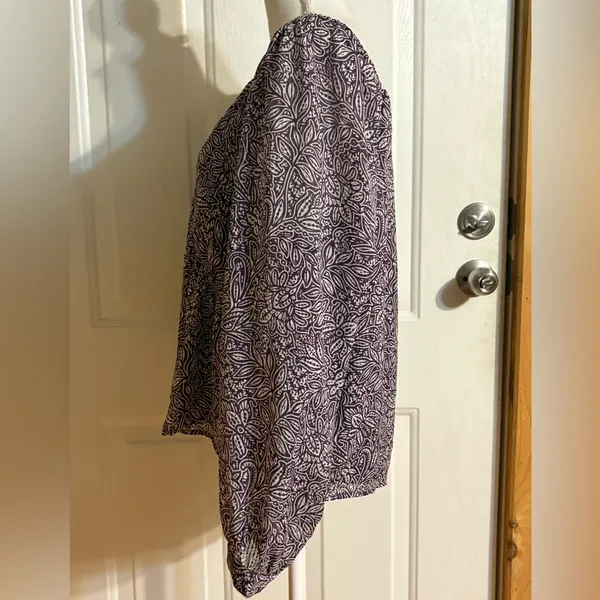LOFT Purple & White Floral V-Neck Long Sheer Sleeve Blouse - Image 3