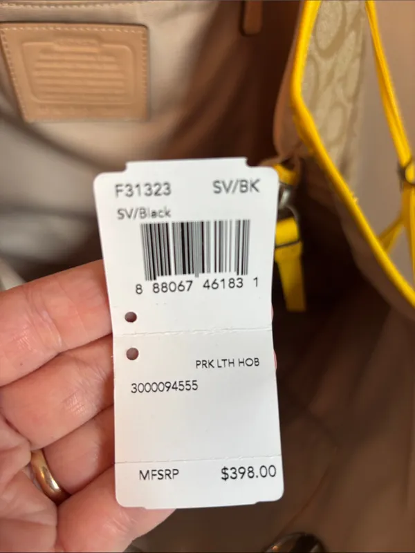 Coach Beige Signature Canvas Tote with Yellow Center Stripe and Tan Handles - Image 6
