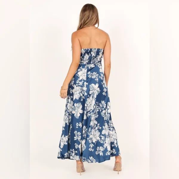 Petal + Pup Gemma Strapless Satin Maxi Dress Blue White Floral Size Large - Image 4