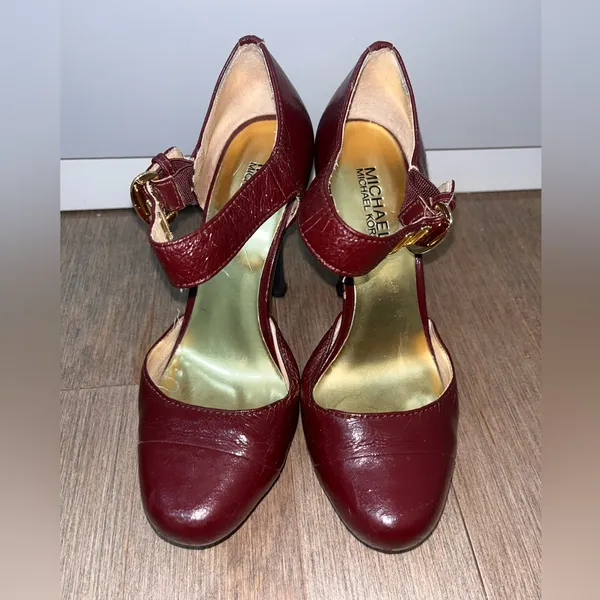 Michael Kors Burgundy Black Leather Heels 3.5in Size 6.5 - Image 2