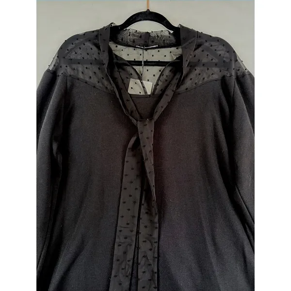 Zara Black Swiss Dot Mesh Tie Neck Mini Dress Long Sleeve Large Parisian Chic - Image 4
