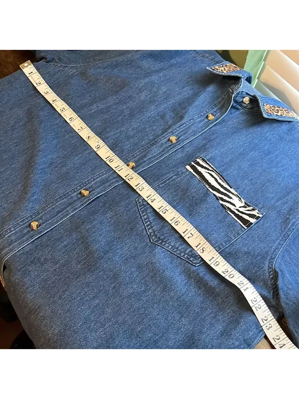Vintage Blue Denim Shirt with Leopard and zebra Trim • Jean shirt • Jean jacket - Image 5