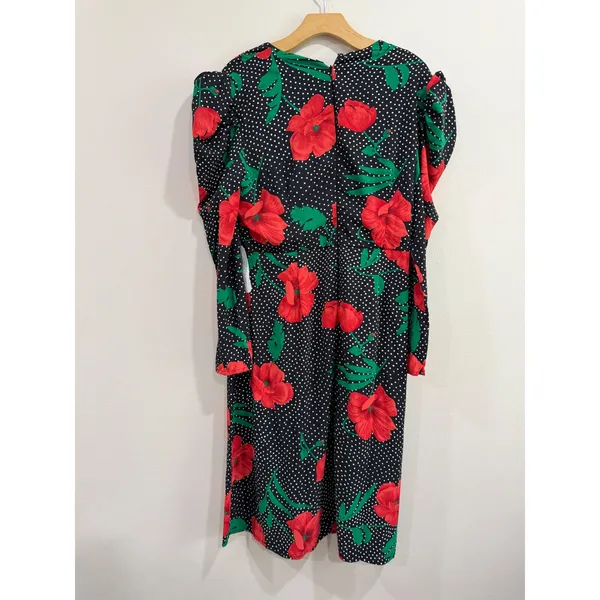 Girl In Mind Alana Puff Shoulder Midi Dress Black Red‎ Floral Polka Dot US 12 - Image 4