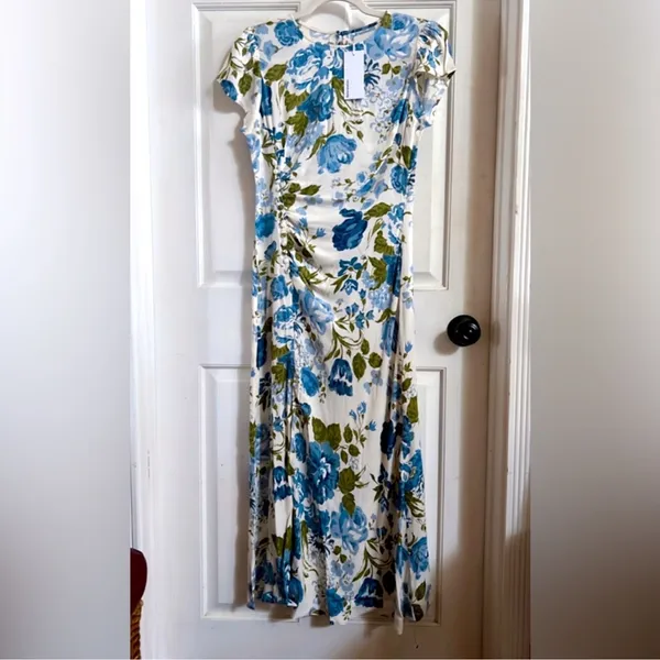NWT Reformation Blue Floral Midi Dress Slit Ruched Cottagecore Wedding Guest - Image 6