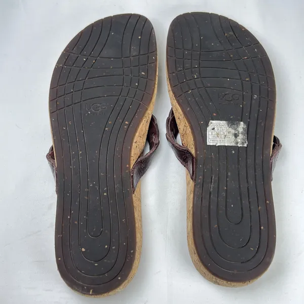 UGG Australia Cork Brown Leather Thong Sandals Shearling Footbed Women US 8 - Image 5