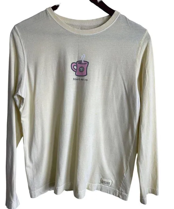 Life is Good Top Women Medium Yellow Coffee Start Me Up Graphic Pullover Cotton - Image 9