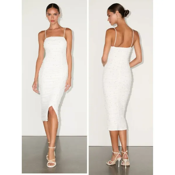 Lulus Toast to Romance White Ruched Pearl Bodycon Midi Dress Size Small Bridal - Image 2