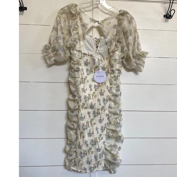 Storia Floral Mesh Ruched Off Shoulder Mini Dress‎ - M NWT - Image 12