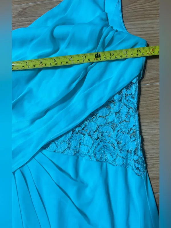 David’s bridal Malibu blue one-shoulder floor length, lace inset @one waistline. - Image 7