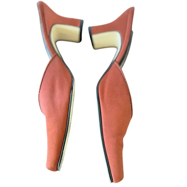 Y2k 90s Minimalist Orange Red Rust Satin Square Toe Chunky Kitten Heel - Image 3