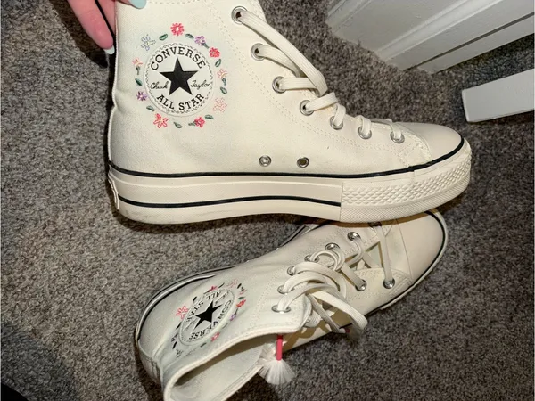 Converse High Top Sneakers in Cream with Pink & Green Floral Embroidery - Image 2