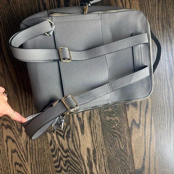 Calpak Gray Leather Backpack with Braided Trim and Gold Accents - Image 7