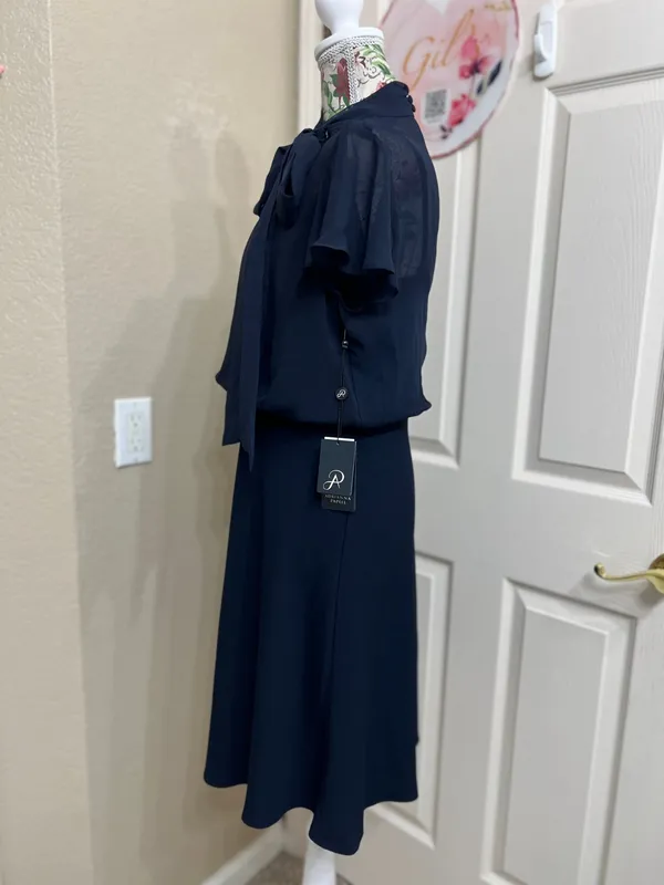 NWT Adrianna Papell Navy Blue Chiffon And Crepe Mock Neck Bow Dress Size 6 - Image 5
