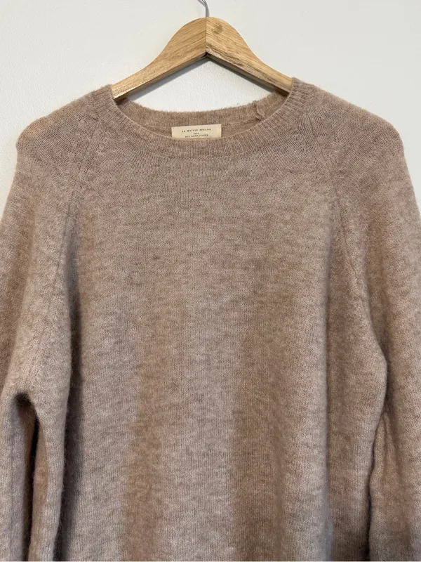 Sézane Louisa Jumper Sweater Size XL Tan Neutral Tan Balloon Sleeve Button Crew - Image 4