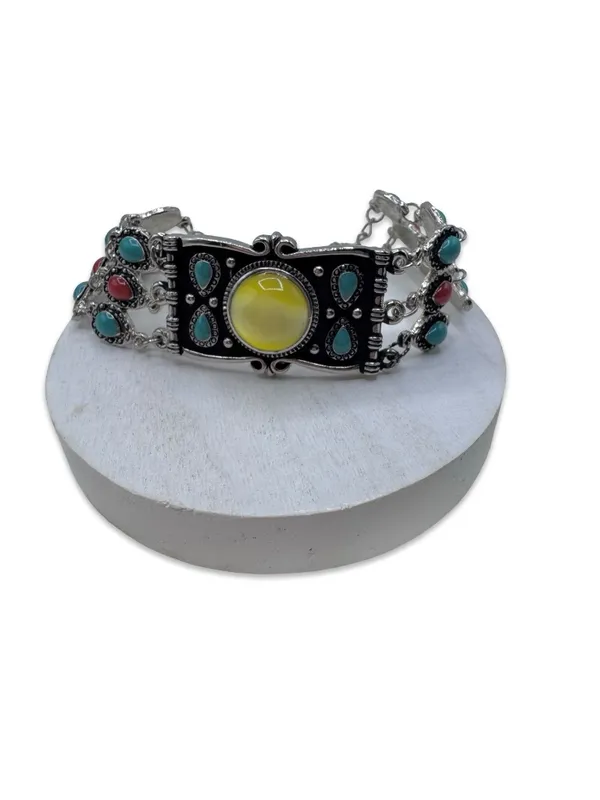 Boho Southwestern Multi-Stone Statement Bracelet Yellow Cabochon Silver Tone - Image 5