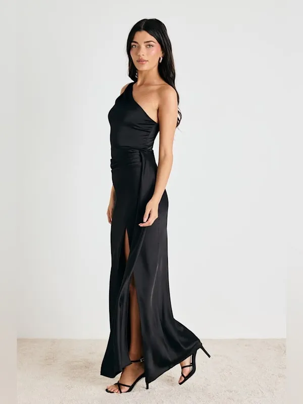 Lulus Signature Elegance Black Satin One-Shoulder Maxi Dress Size XL NWT - Image 4
