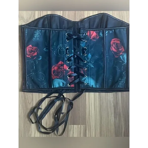 Gothic Skull & Red Rose Overbust Corset Top Size L - Image 4