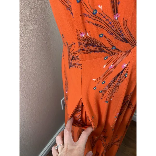 Free People Dress Sz 6 V Neck Orange Red Botanical Long Flutter Cap Sleeve Boho - Image 7