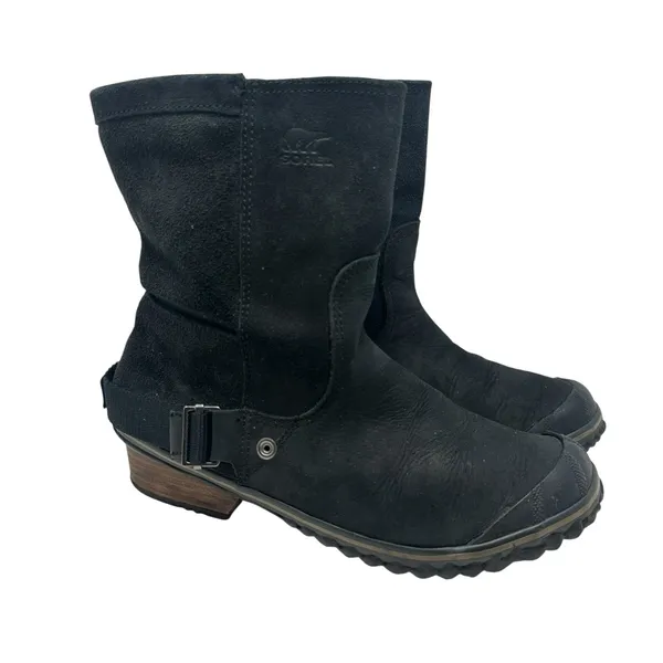 Sorel Slimshortie Waterproof‎ Leather Moto Boots Black Buckle Womens 9 - Image 6