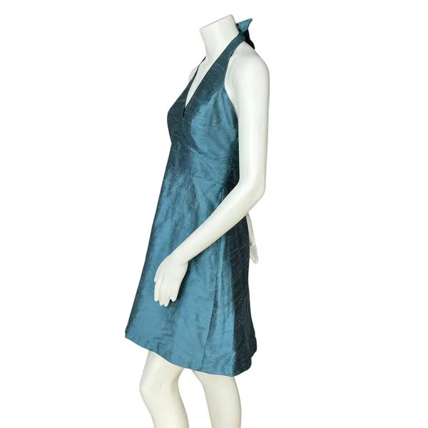 Lula‎ Kate Silk Dupioni Dress Teal Halter Neck Cocktail Size 8 Fit and Flare Zip - Image 3