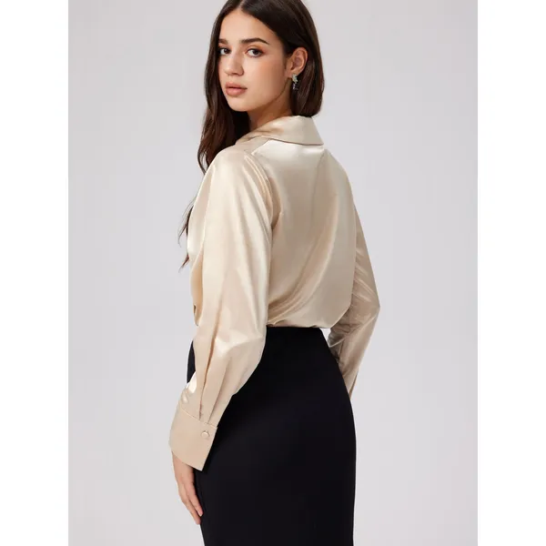 Commense Elegant Satin Old Money Pleated Long Sleeve Blouse Champagne Small - Image 4