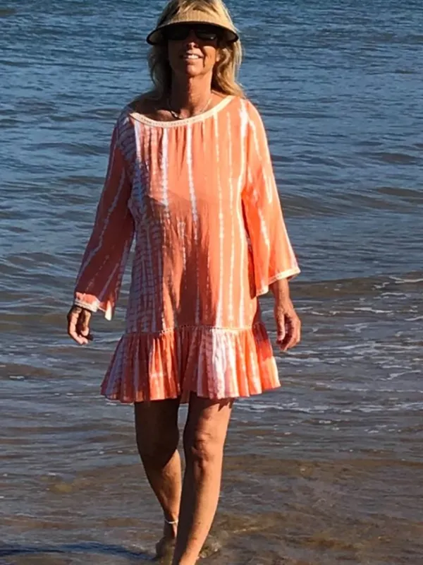 Anthropologie Z&L European Luxury Coral Tie Dye Beach Cover Up with Tassels - Image 3
