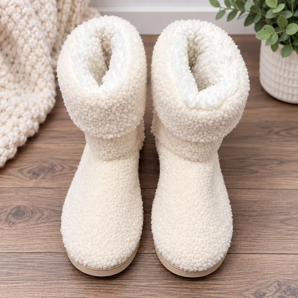 Women’s Ivory Sherpa Fleece Boot Slippers Size Medium Cozy Plush - Image 2