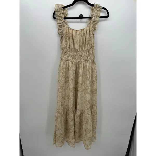 Melloday Tan Floral Smocked Waist Ruffle Strap Tiered Midi Dress S Cottagecore - Image 2