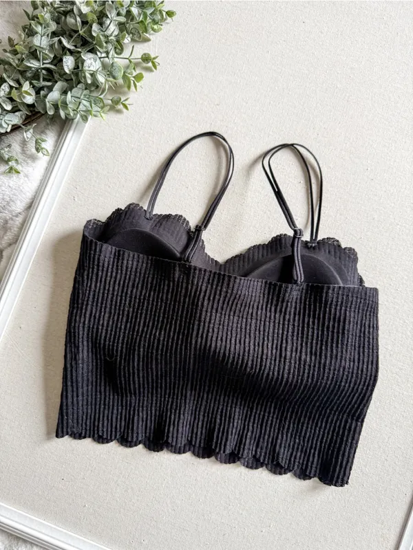 Boutique Black Ribbed Crop Cami Lace Trim Double Strap Bralette Tank - Image 2
