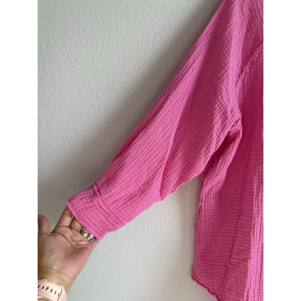 Aerie Oversize Women's XS Pool To Party Hot Pink Gauze Cover‎ Up Button Up Shirt - Image 6