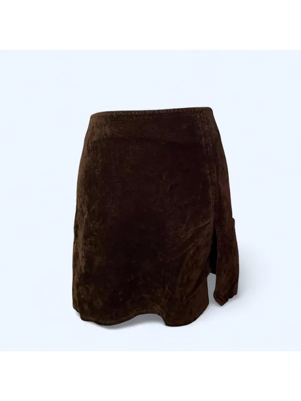 Vintage Y2K Brown Velvet Mini Skirt Side Slit Size Small - Image 2