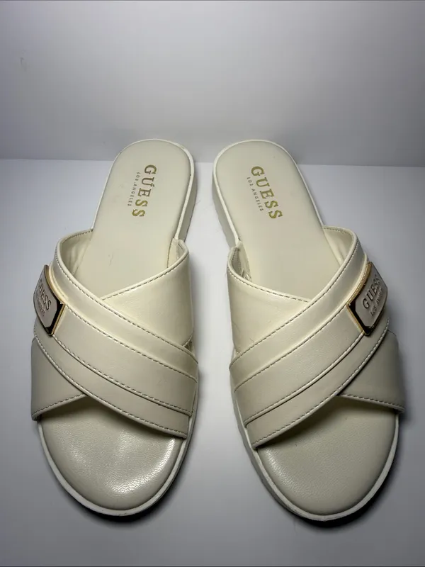 Guess Cream Crisscross Slide Sandals with Gold Accent - Image 4