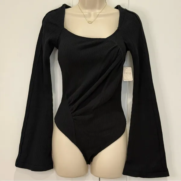 NWT Free People Intimately On A Cloud Bodysuit Small Black Bell Sleeves Minimal - Image 7