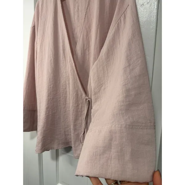 Zara Women Blush Pink Linen Blend Wrap Top Long Sleeve Kimono Style NWOT Medium - Image 6