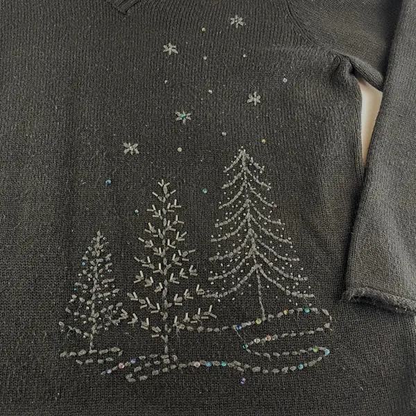 White Stag Women's V Neck‎ Long Sleeve Beaded Christmas Tree Sweater Black 2XL - Image 3