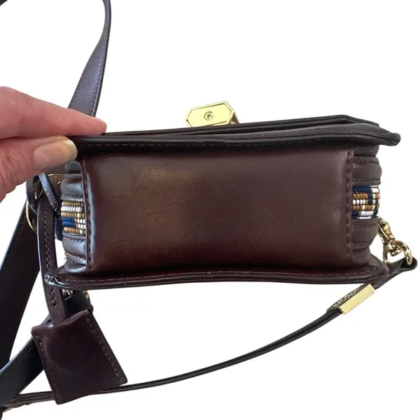 Tory Burch Mini Crossbody‎ Navy Brown Logo Jacquard Lock Bag - Image 11