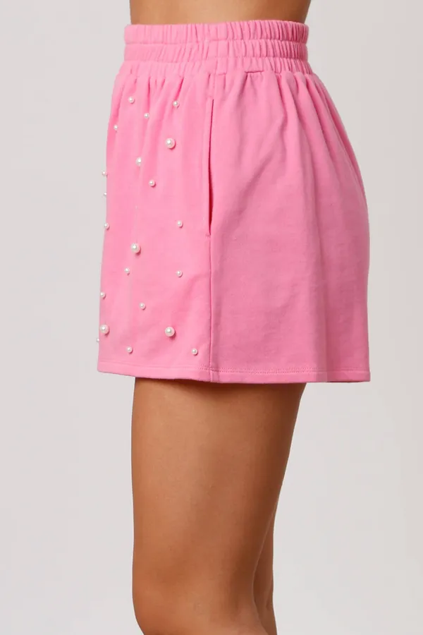 Peach Love Pearl Detail Terry Cloth Shorts Pink - Image 2