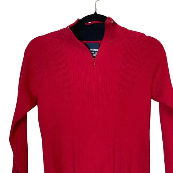 Ralph Lauren Vintage‎ Polo Jeans Co Red Mock Neck 1/4 Zip Ribbed Sweater Medium Preppy READ - Image 2